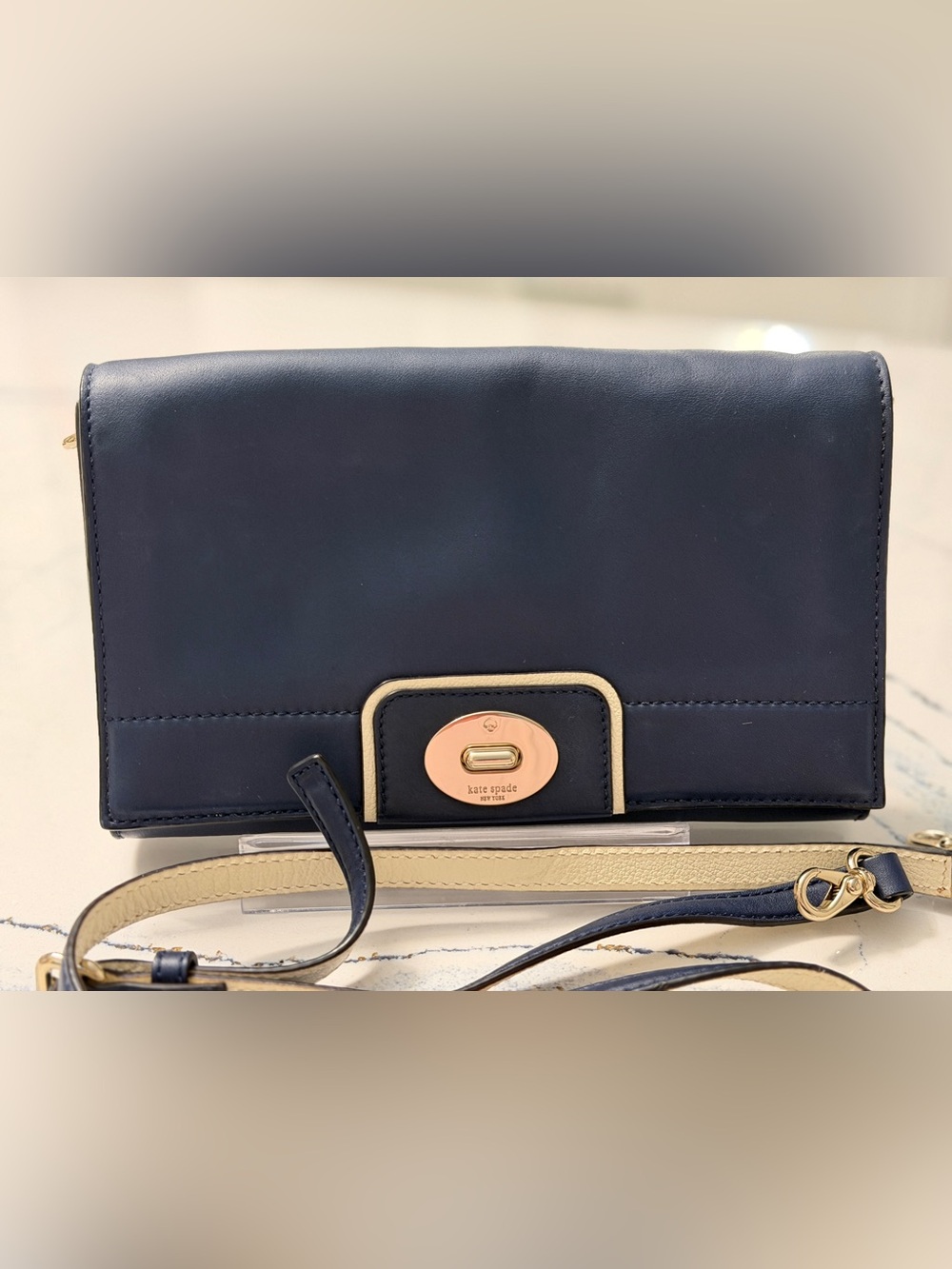 Kate Spade Navy Blue Leather Turnlock Crossbody Clutch Gold Hardware